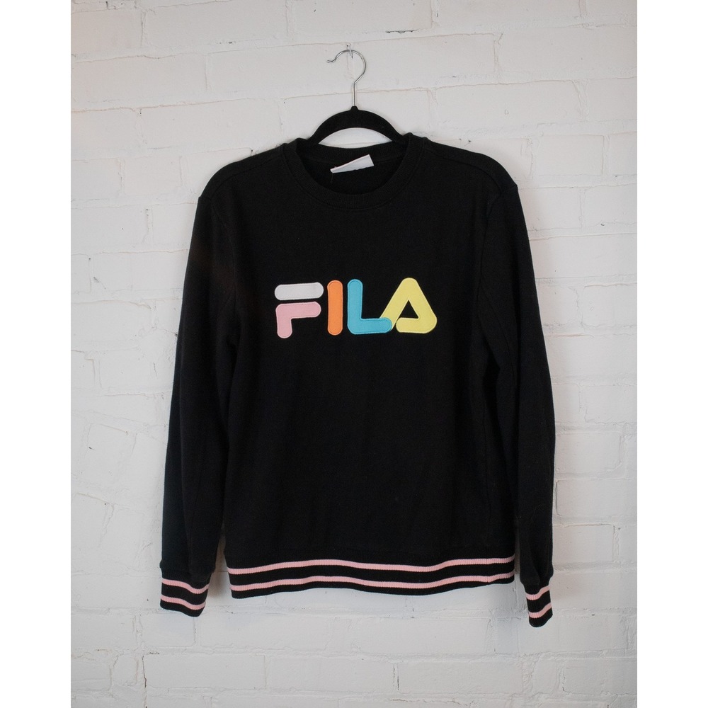Fila Mens Black Crewneck Sweatshirt Multi Color Logo Pink Striped Trim Medium